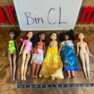 6 pack of princess barbies tiana belle, ariel, moana, merida, marabelle